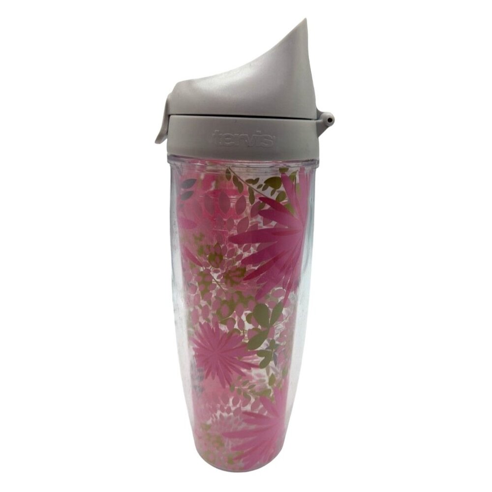 Tervis Pink Floral Insulated Tumbler With Gray Flip Lid 24 Oz
